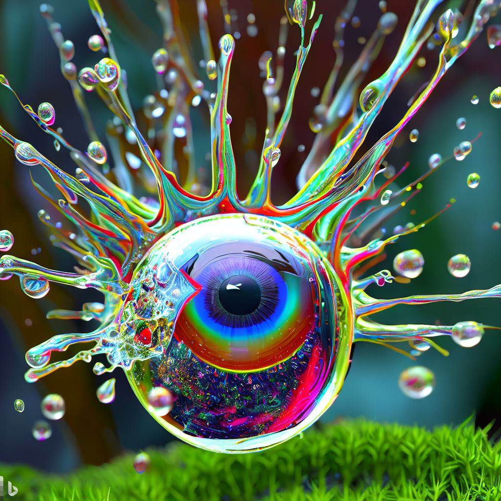 3D hyper-detailed joyfully bursting spattering raindrop with multi-colored nano-circuitry iris-stroma living breathing eye-pupil at its core, spattering wet rainforest moss synapses, mirroring recursion.jpg